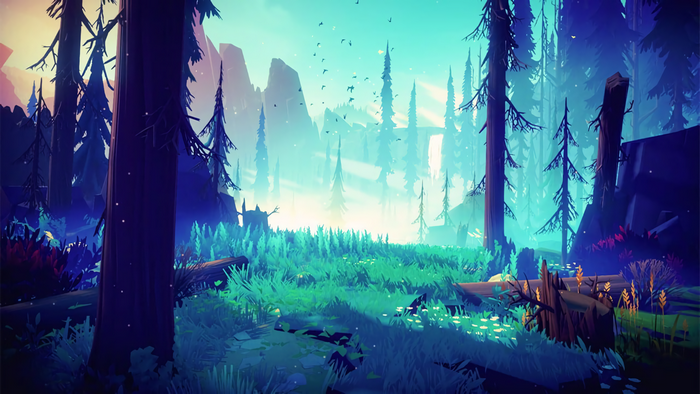 Stylized forest landscape with mountains and birds