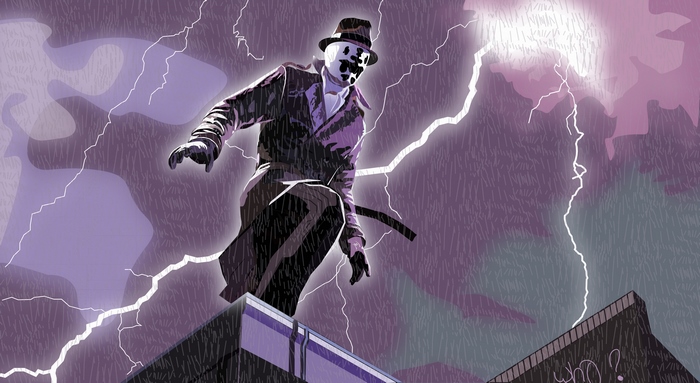 Rorschach on a rooftop during a lightning storm