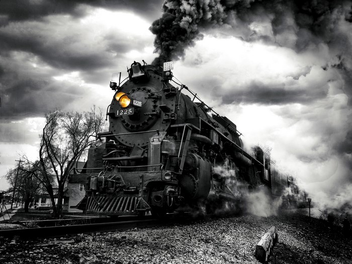 Steam train 1225 with smoke and selective coloring