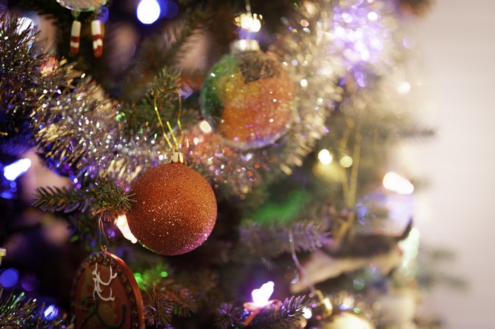 Christmas ornaments and lights on a tree