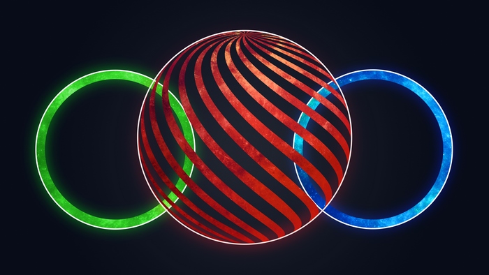 Artistic Sphere with Green, Blue, and Red Rings