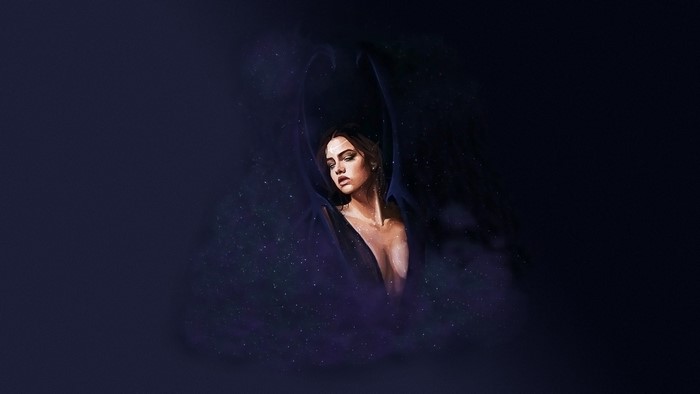 Woman with dark wings in starry nebula