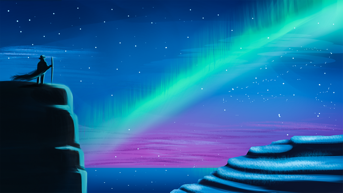 Man with staff on cliff under aurora borealis