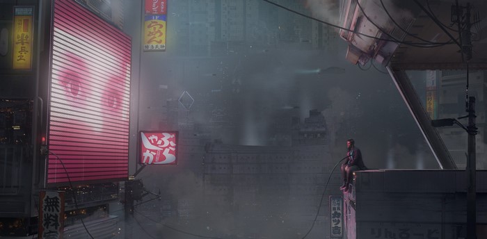 Cyberpunk city with giant eye advertisement and man on rooftop