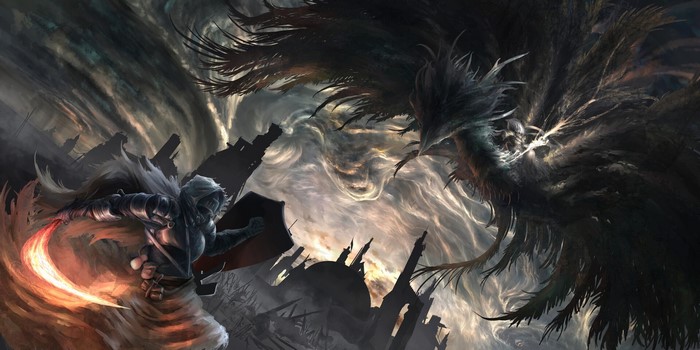 Knight fighting a large dark creature in Dark Souls