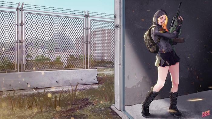 Anime girl with machine gun and miniskirt