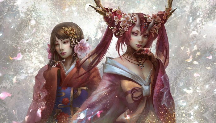 Fantasy art of two Asian women in kimonos