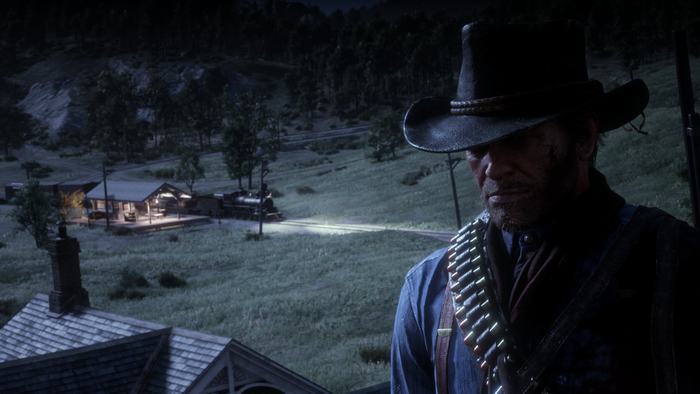 Arthur Morgan from Red Dead Redemption 2 at a train station