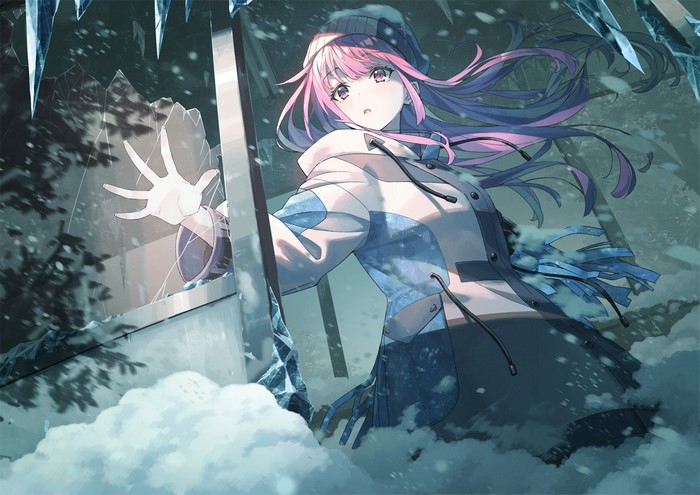 Anime girl with pink hair reaching through broken glass in snow