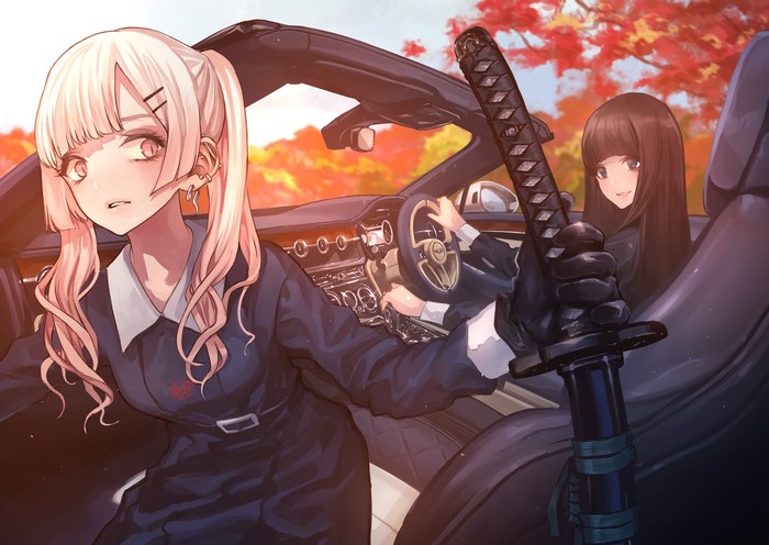 Anime girls in a convertible with a sword