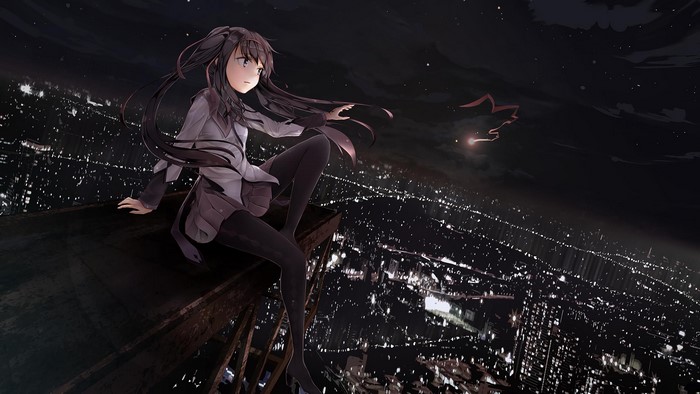 Akemi Homura from Mahou Shoujo Madoka Magica sitting on a rooftop at night