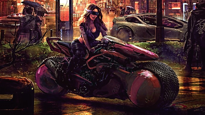 Woman on a futuristic motorcycle in a cyberpunk city