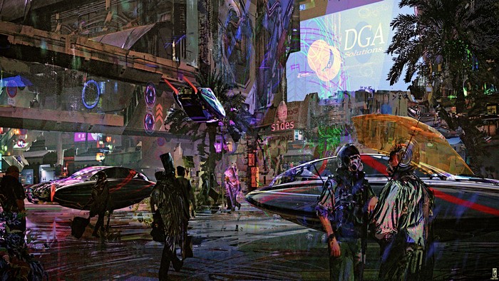 Cyberpunk city with futuristic vehicles and people