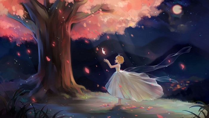 Sakura Kinomoto from Cardcaptor Sakura under a cherry blossom tree