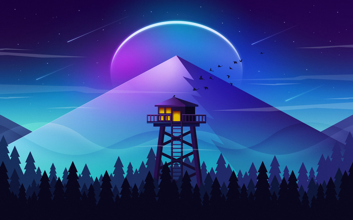 Fire lookout tower in a stylized mountain forest at night