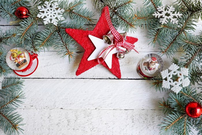 Christmas ornaments on a wooden background