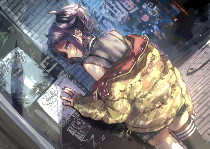 Anime girl with dark hair in a camouflage jacket