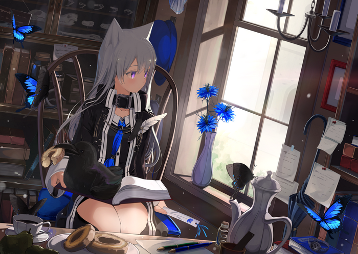 4K anime girl with animal ears and butterflies
