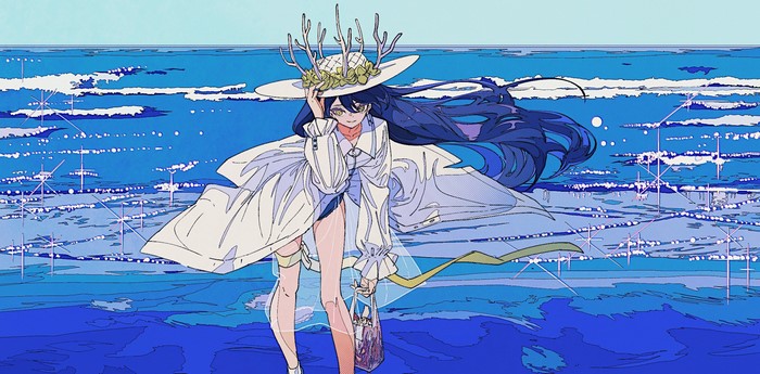 Anime girl with coral hat by the sea