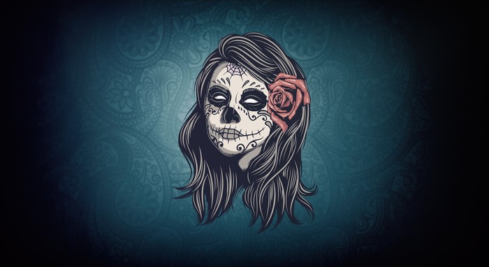 Artwork of a woman with Dia de los Muertos skull face paint