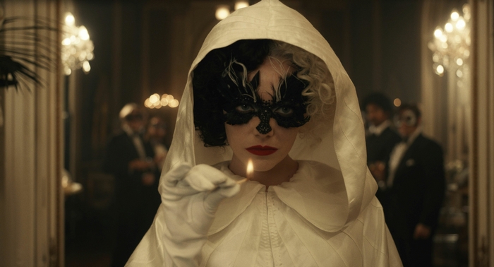 Emma Stone as Cruella holding a lit match