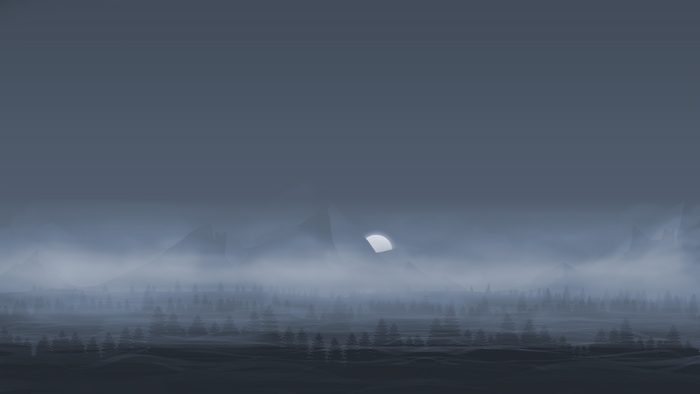 Misty mountain landscape with moon and pine trees