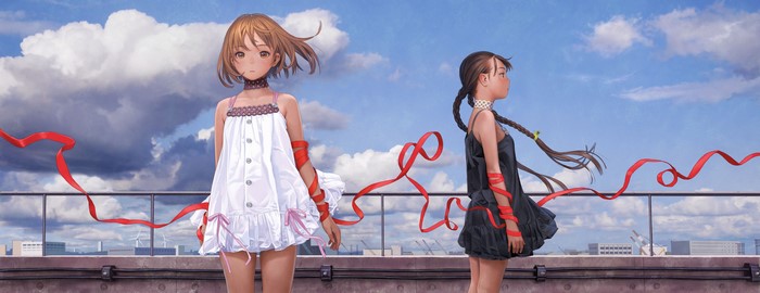 Anime girls with ribbons on a rooftop