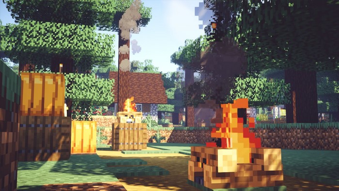 Minecraft scene with pumpkins and campfire