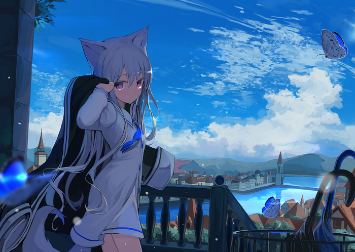 Anime girl with animal ears on a balcony overlooking a cityscape