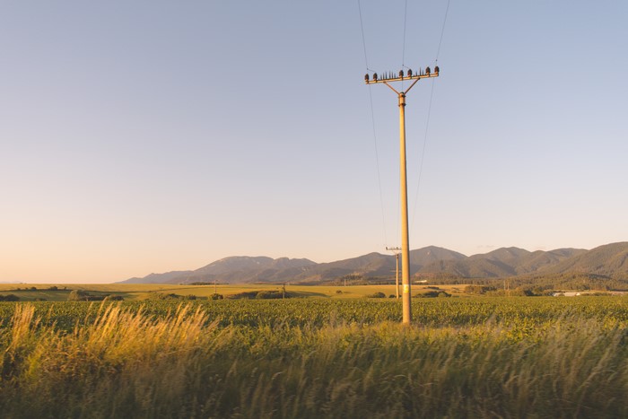 Power lines in a field with mountains at sunset