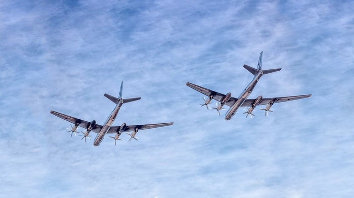 Two Tupolev Tu-95 bombers flying in formation