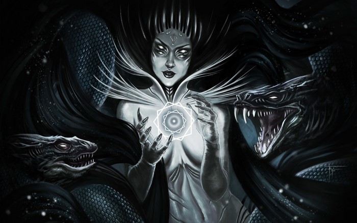 Dark fantasy art of a woman with snakes and a glowing orb