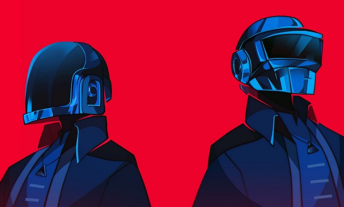 Daft Punk robots in suits with helmets
