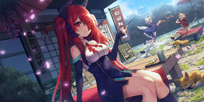 Anime girl with red twintails and horns at a cafe