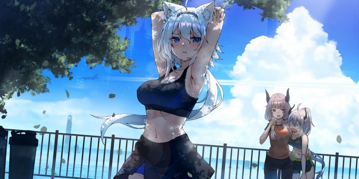 Anime girls in sportswear stretching by the water