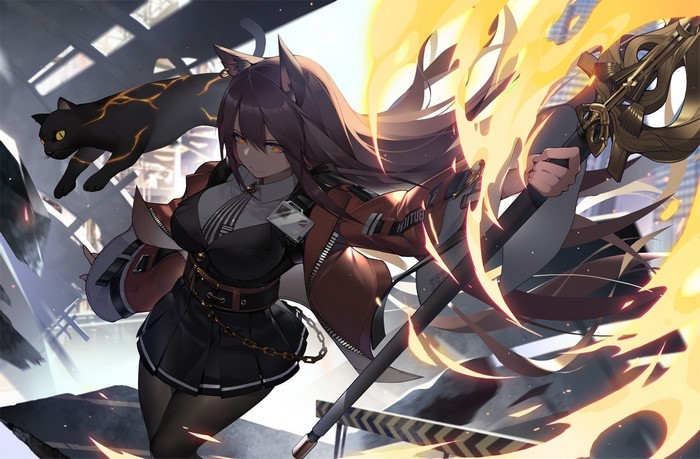Skyfire from Arknights with a black cat and fire