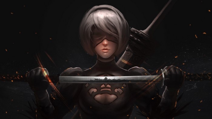 2B from Nier: Automata holding a sword