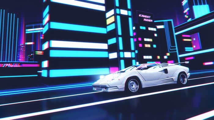 White Lamborghini Countach in a Neon City