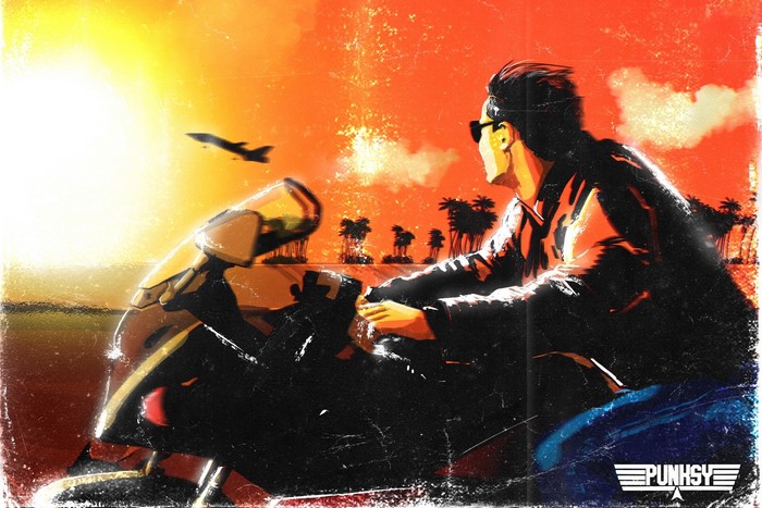 Man on motorcycle with jet and palm trees