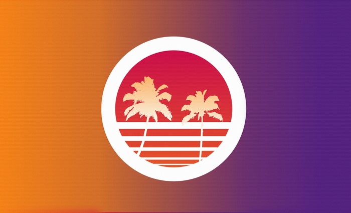 Retrowave sunset with palm trees in a circle