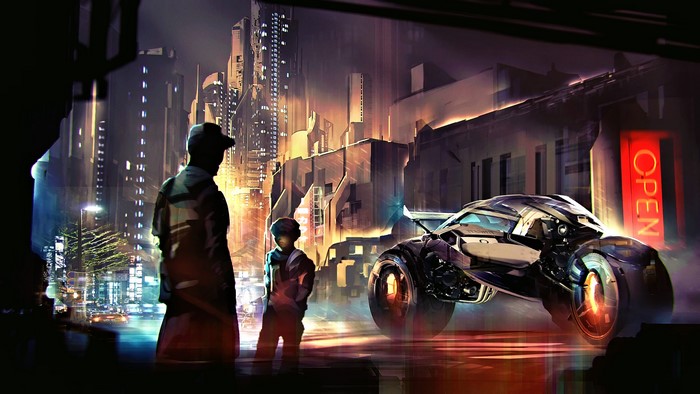 Futuristic Cityscape with Two Figures and a Vehicle