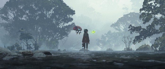 Girl with ladybug drone in a misty forest