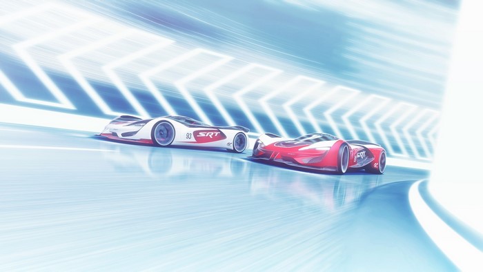 Two SRT concept cars racing on a futuristic track