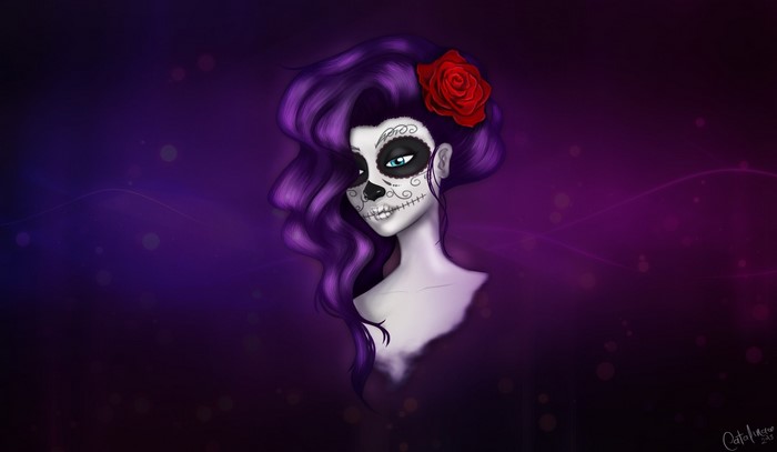 Woman with Dia de los Muertos makeup and purple hair