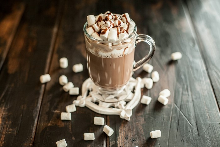Hot chocolate with marshmallows and chocolate syrup