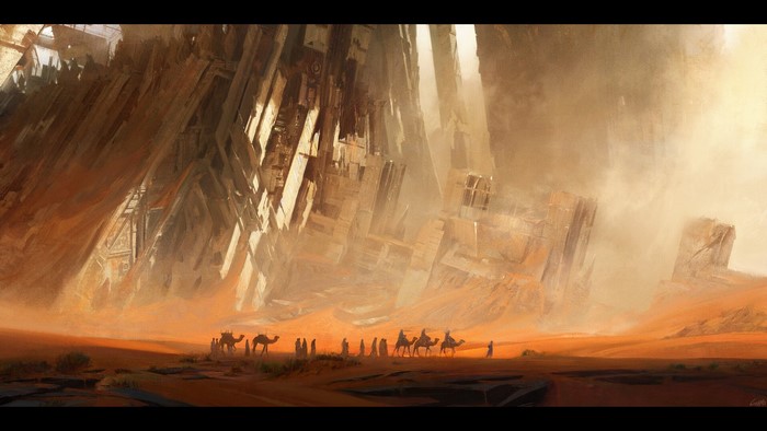 Caravan in a desert near ancient ruins