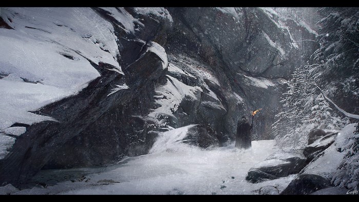 Figure with torch in snowy mountain pass
