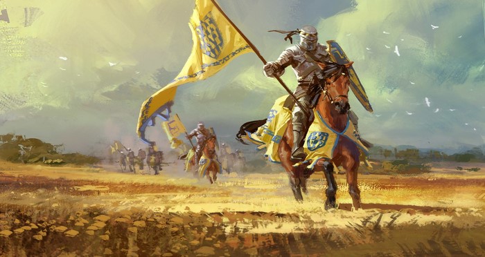Knights on horseback with yellow and blue banners