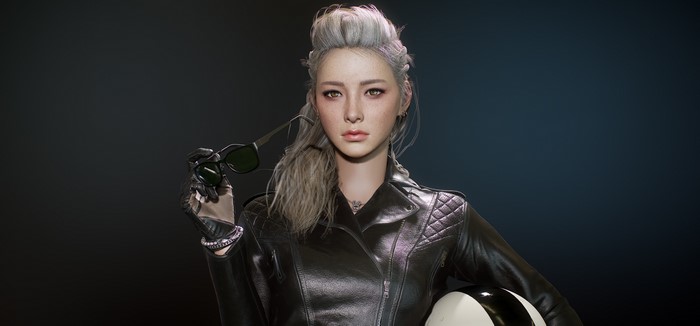 Biker woman with sunglasses and helmet, CGI render