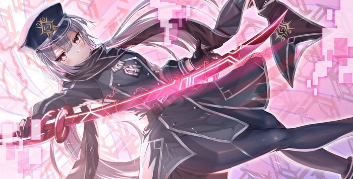 Anime girl with silver hair and red eyes holding a sword